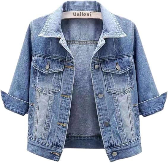 Unilexi Women's 3/4 Sleeve Cropped Denim Jacket