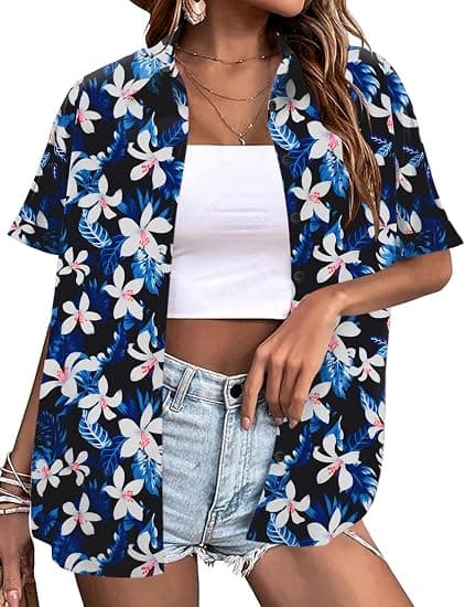 LOMON Women's Summer Hawaiian Shirts, Floral Short Sleeve